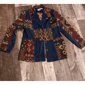 Vtg Western Denim Patchwork Blazer Jacket Aztec Boho Southwestern Tapestry Sz 12